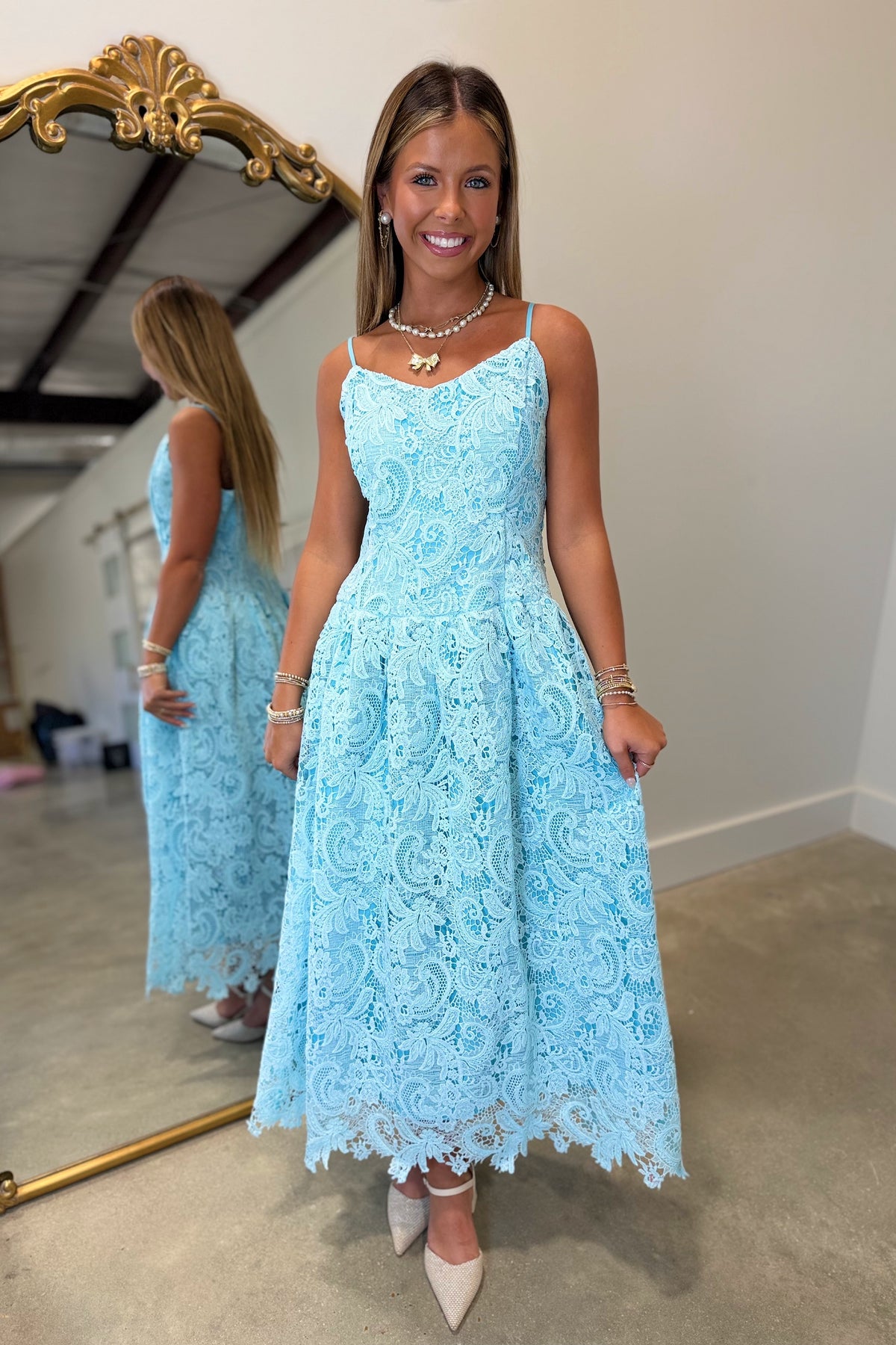 Petal Luxe Embroidered Cocktail Midi Dress Aqua
