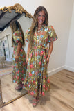 Gardenia Puff Sleeve Floral Midi Dress Olive