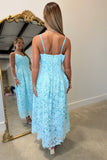Petal Luxe Embroidered Cocktail Midi Dress Aqua