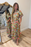 Gardenia Puff Sleeve Floral Midi Dress Olive