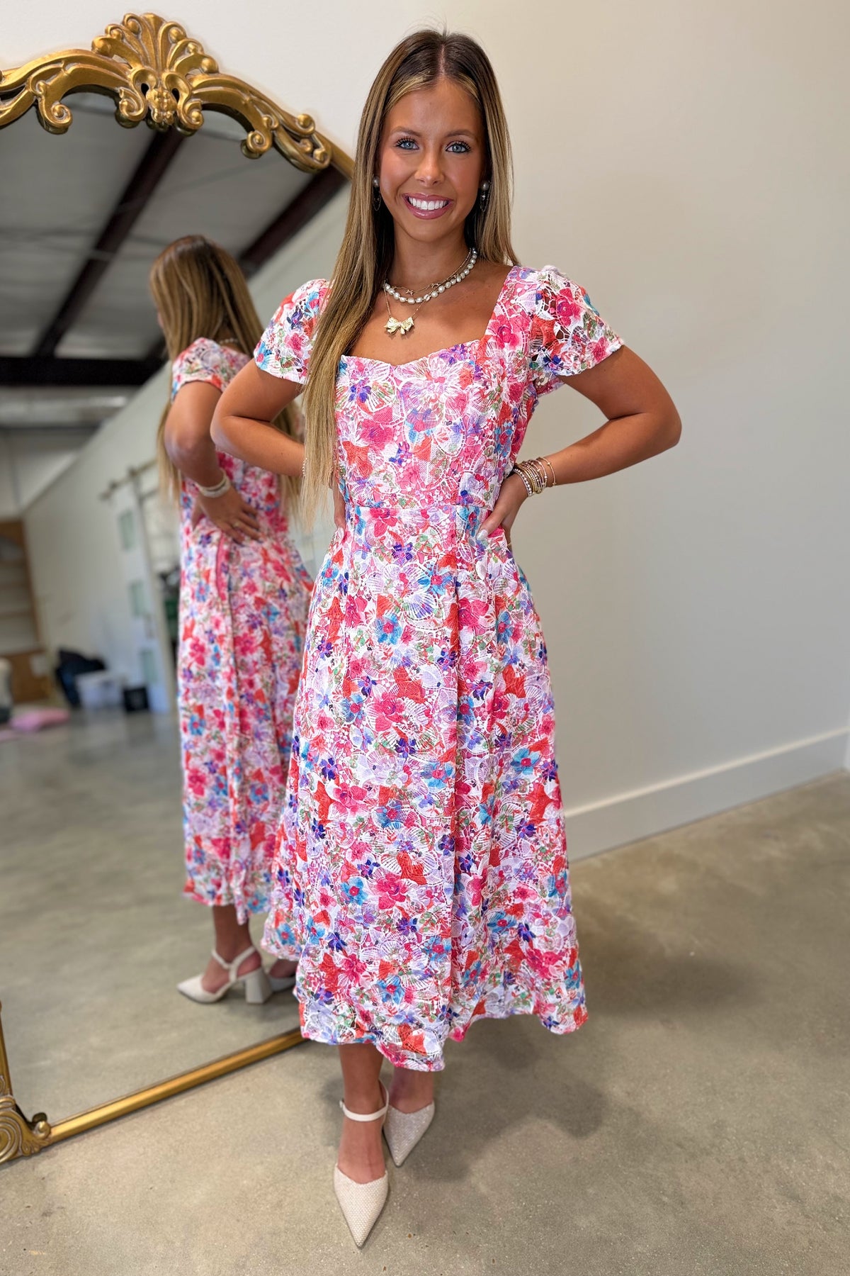 Radiant Garden Embroidered Short Sleeve Midi Dress