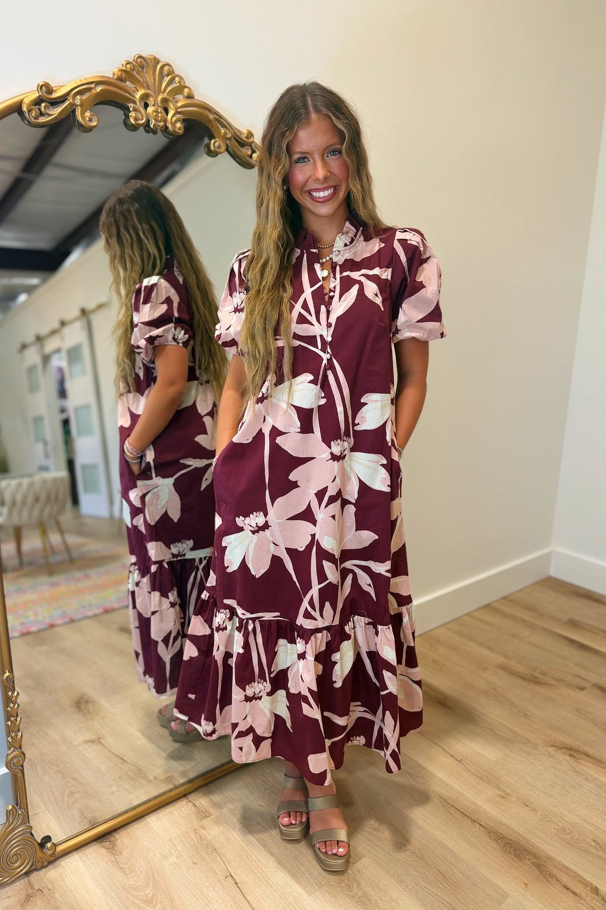 Charming Days Puff Sleeve Midi Dress Wine