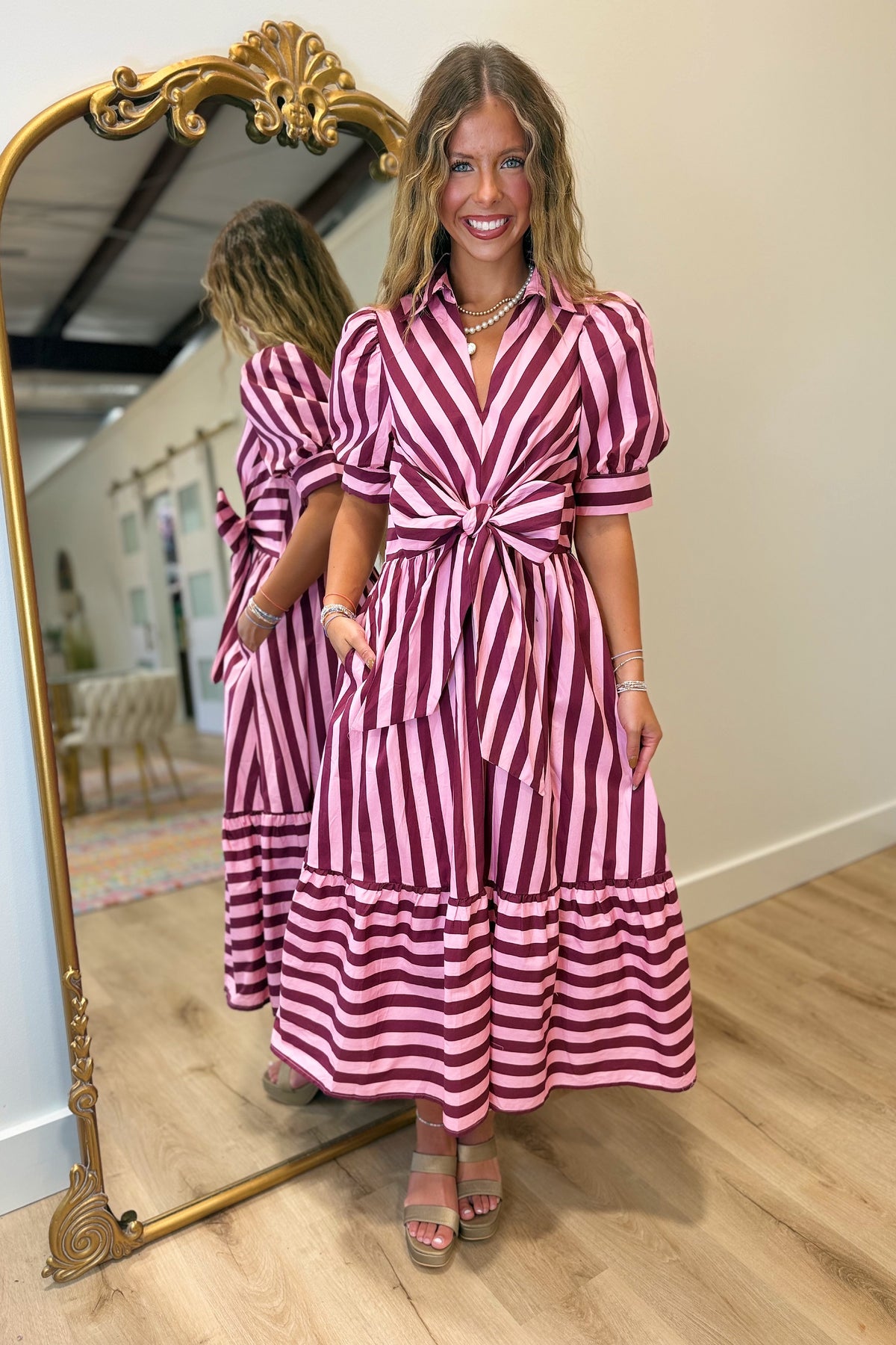 Berry Blush Striped Midi Dress