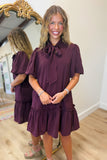 Bow Neck Puff Sleeve Dress Merlot