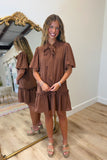 Bow Neck Puff Sleeve Dress Brown