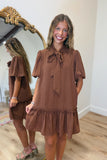 Bow Neck Puff Sleeve Dress Brown
