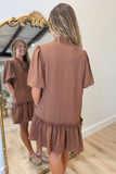 Bow Neck Puff Sleeve Dress Brown