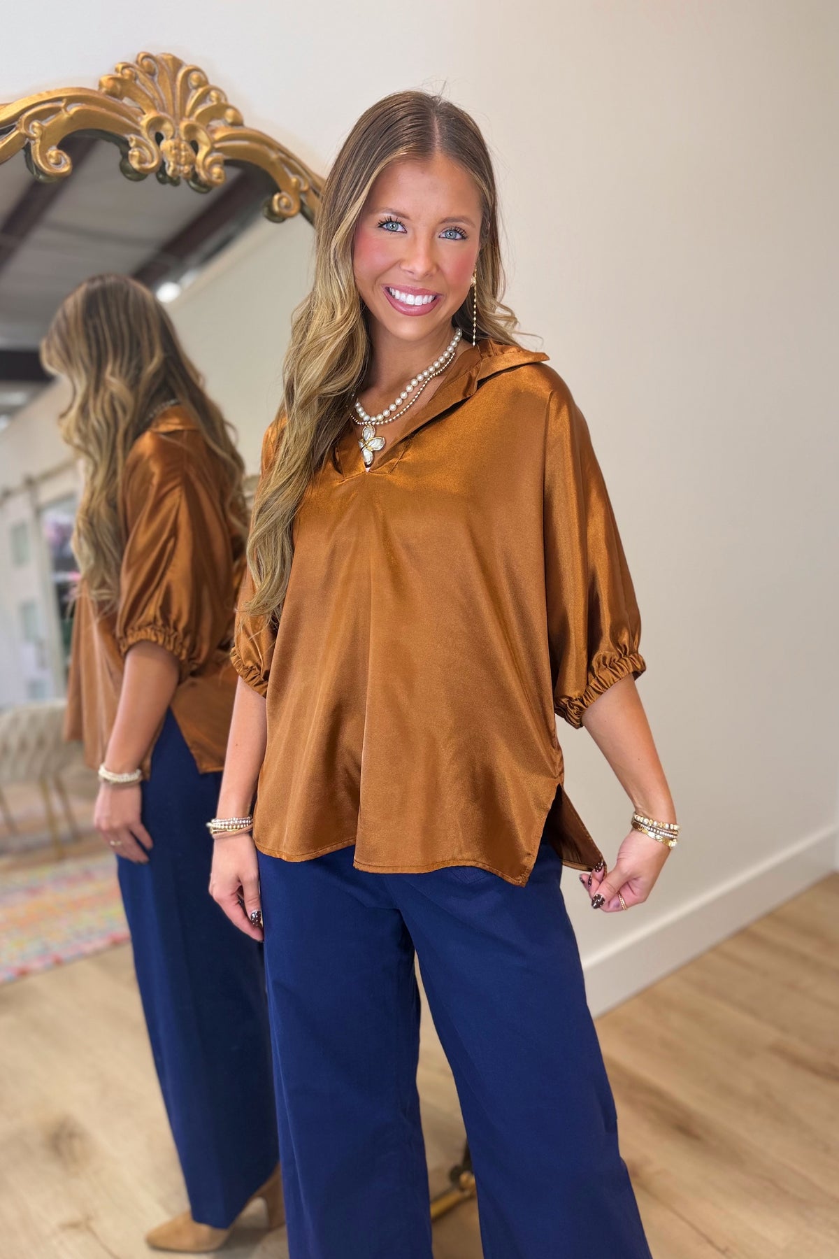 Sloan Satin Stand Up Collar Top Rust