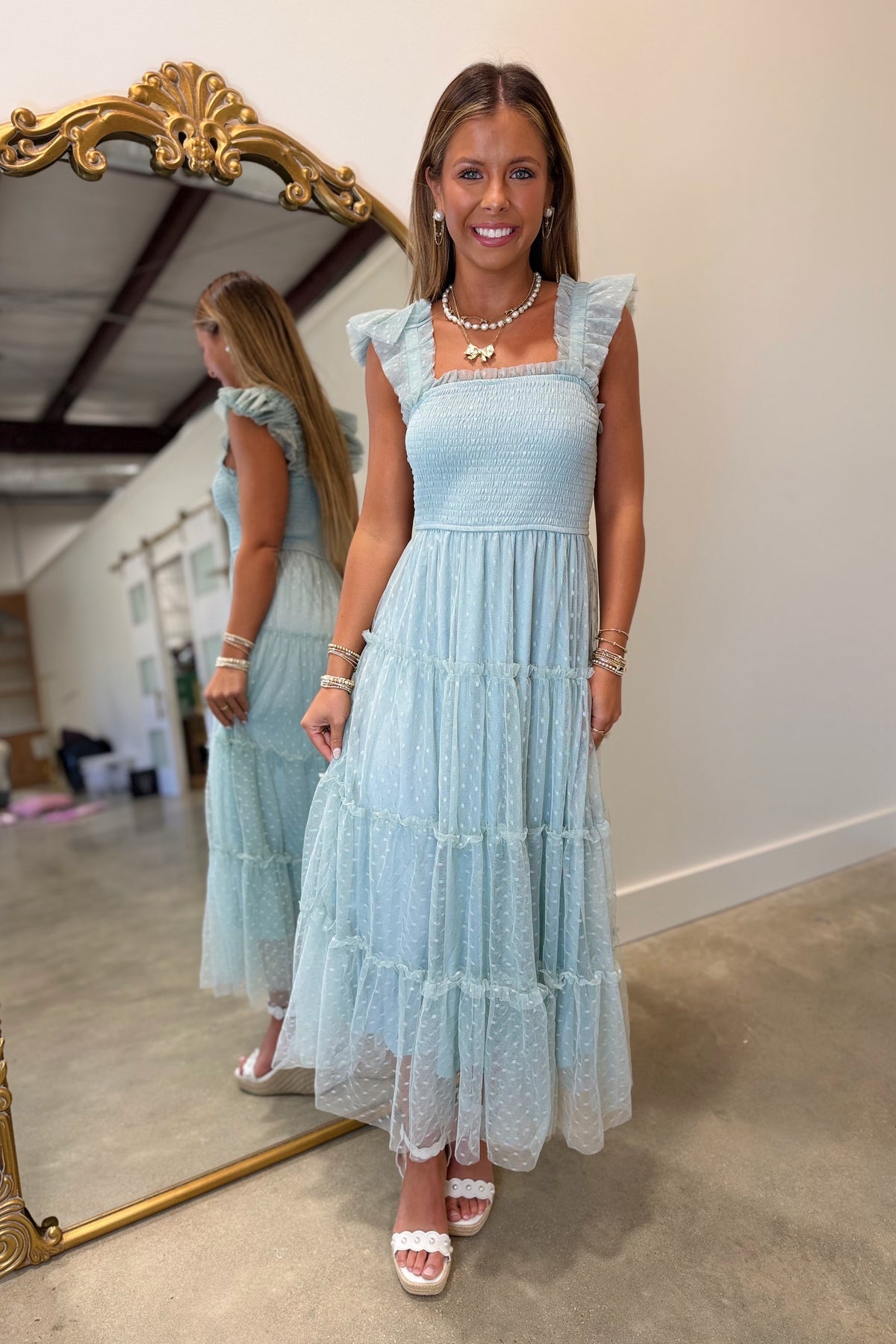 Swiss Dot Smocked Midi Dress Sage