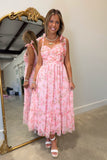 Floral Shirred Bodice Midi Dress Pink
