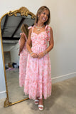 Floral Shirred Bodice Midi Dress Pink