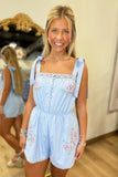 Boho Bloom Embroidered Romper Blue