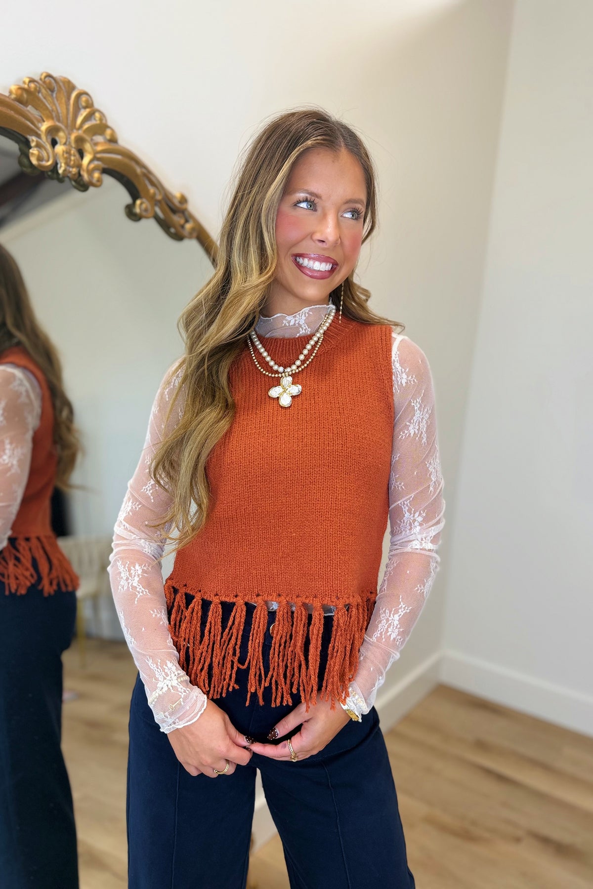 Feeling Fringe Sweater Vest Burnt Orange