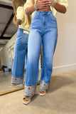 Bayeas Embroidered Cuff Jean Medium Blue