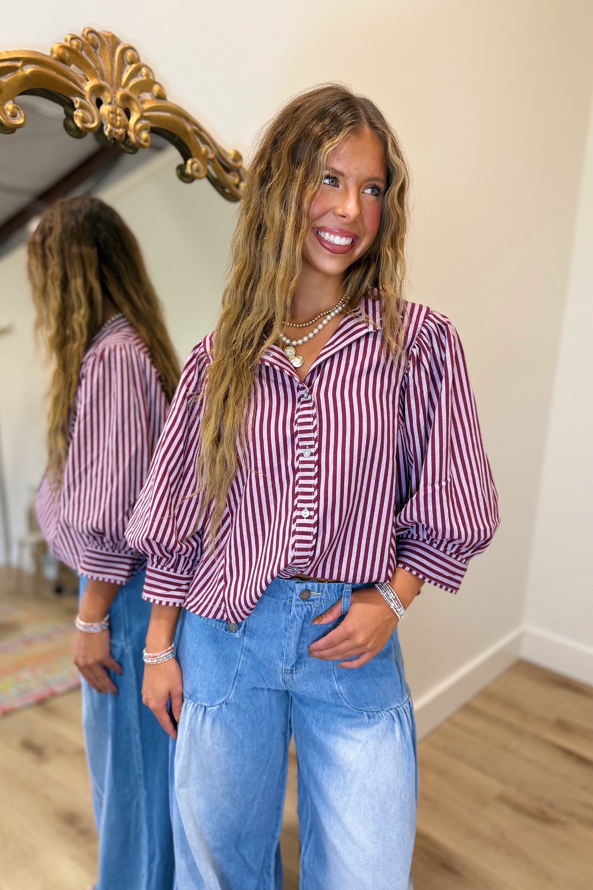 Milo Striped Button Down Top Maroon Pink