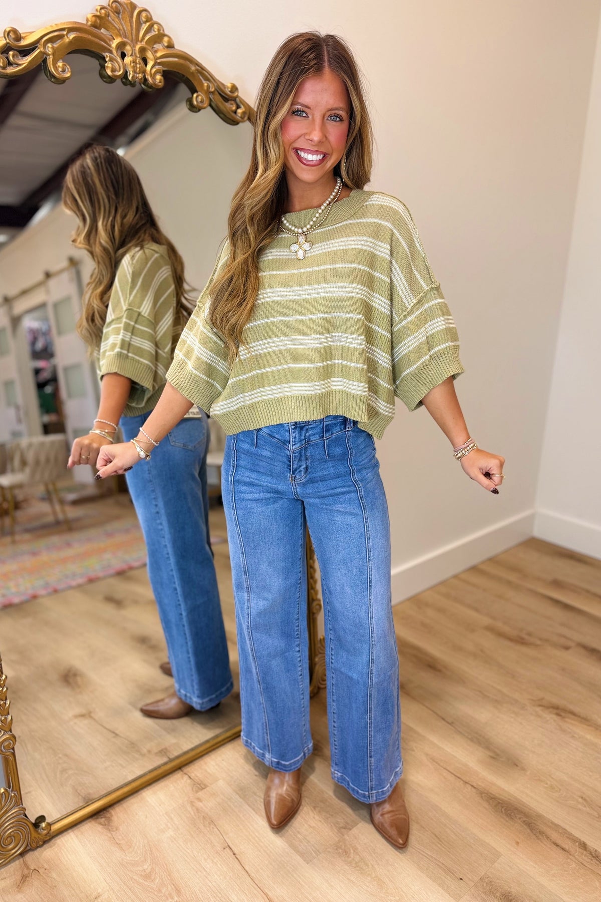 Ellis Striped Short Sleeve Sweater Green