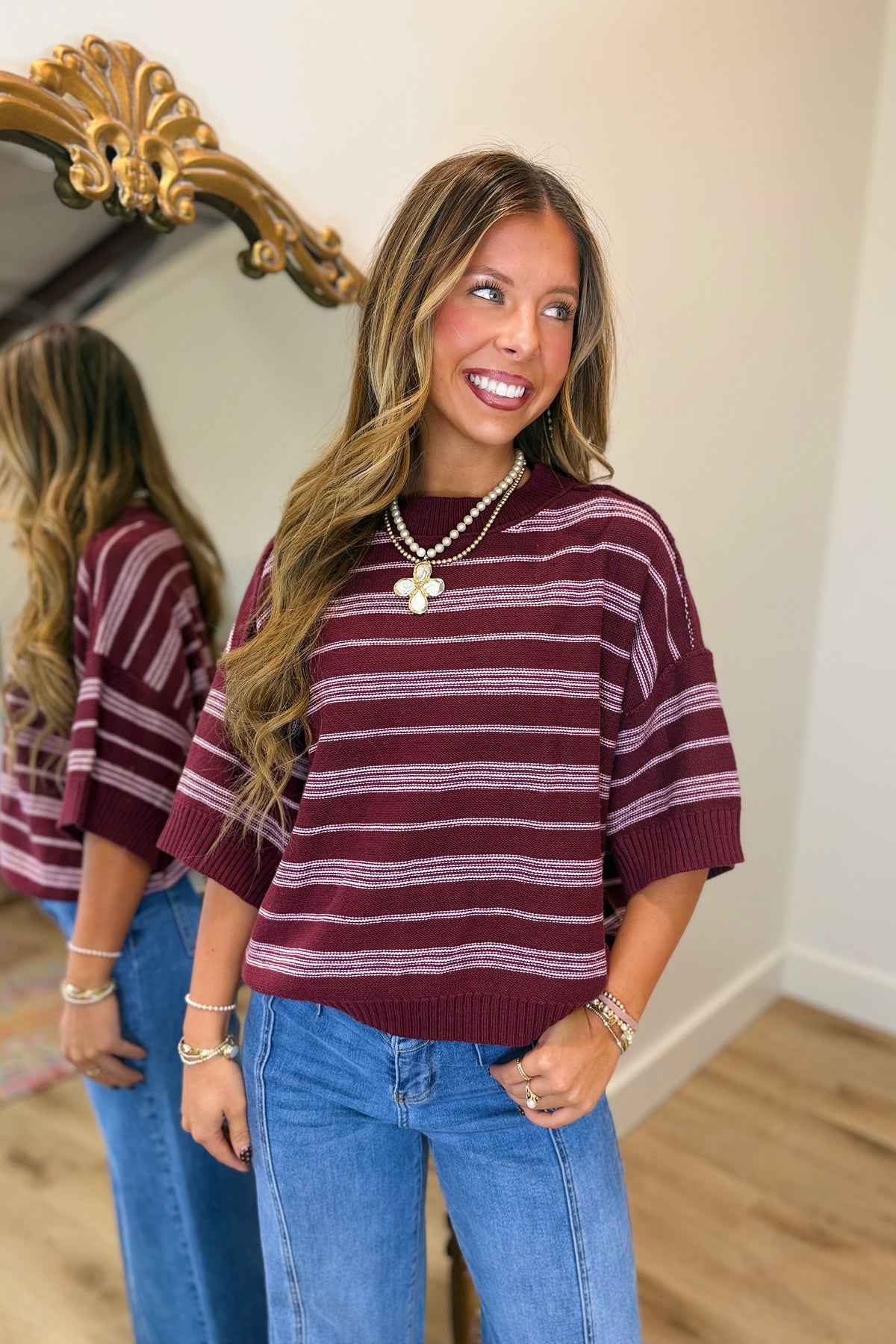 Marlowe Striped Short Sleeve Sweater Maroon
