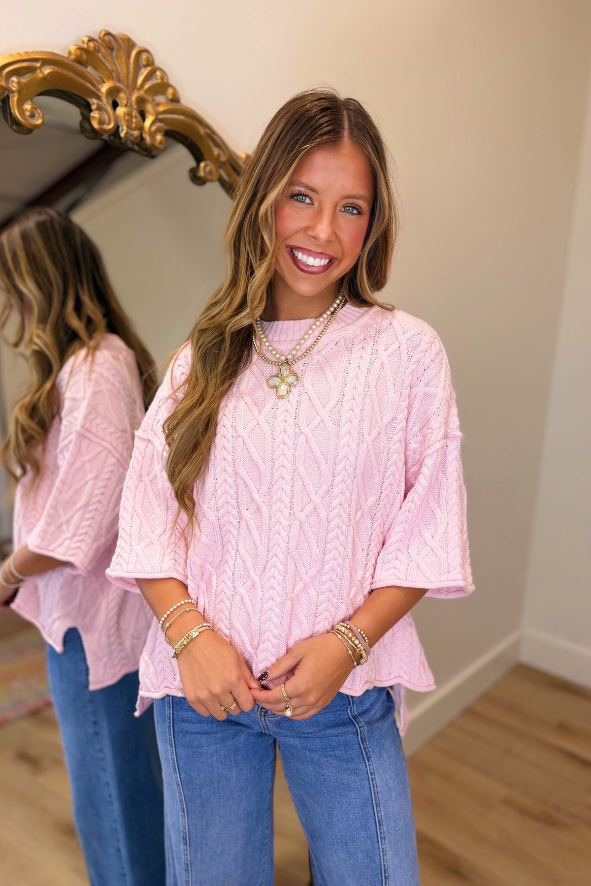 Fall Oversized Cable Knit Sweater Top Pink
