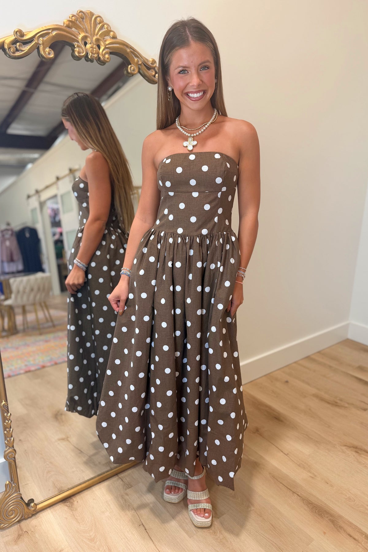 Dressy Dots Strapless Midi Dress Brown
