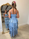Evelia Polka Dot Tiered Midi Slit Dress Blue
