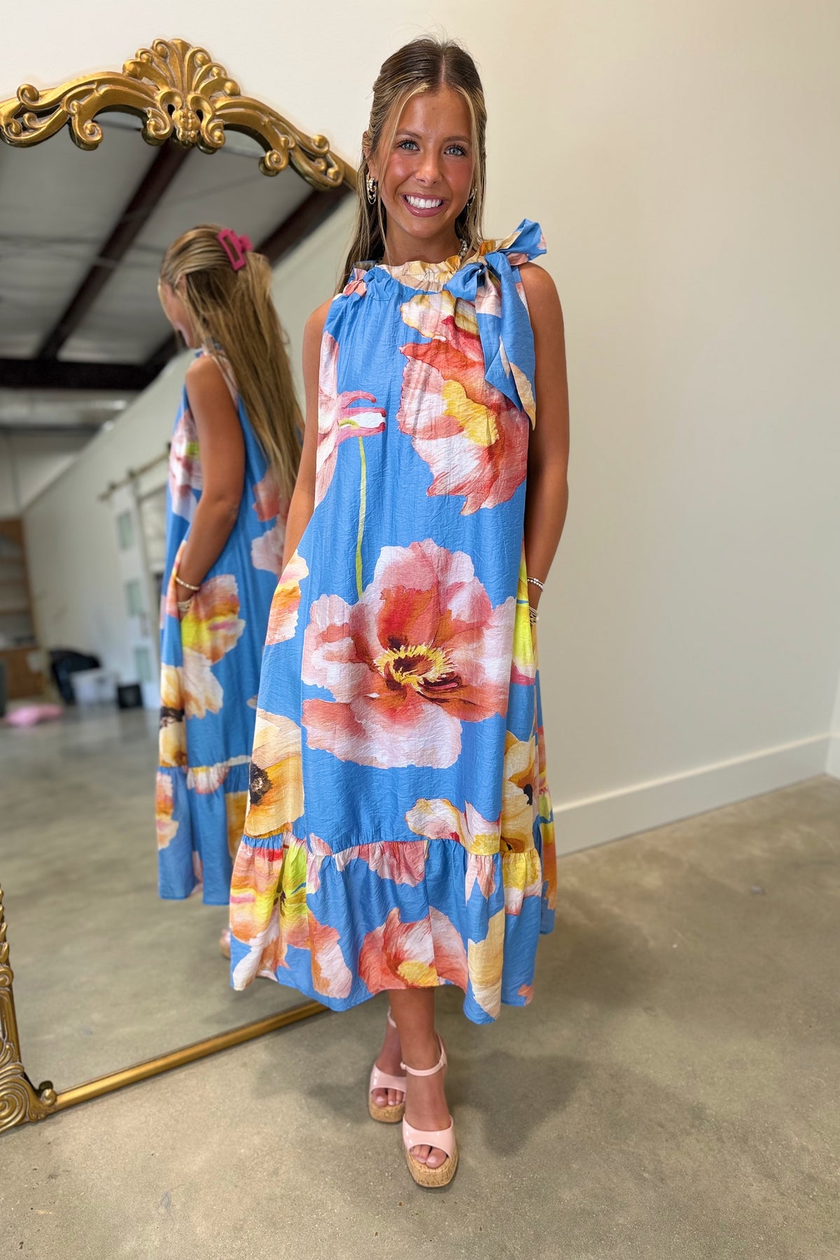 Garden Party Tie Midi Dress Blue – Expectations Too