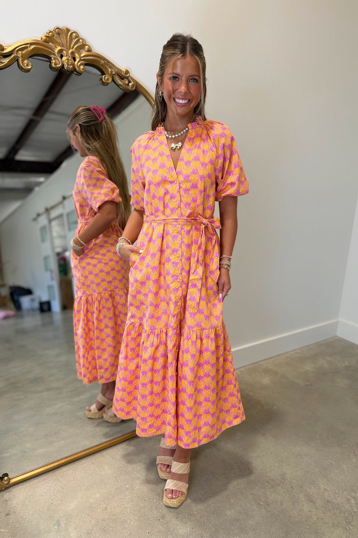 Starburst  Tiered Midi Dress Drift Floral Orange