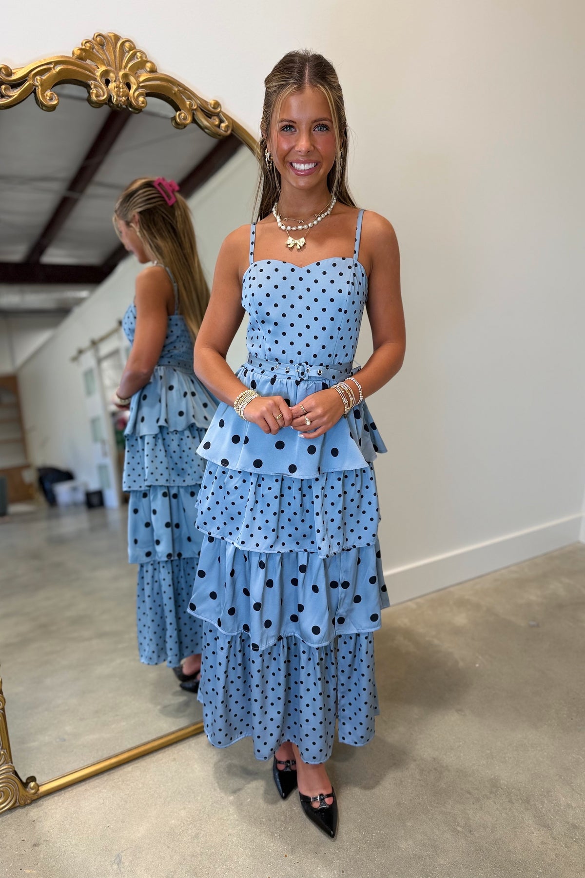 Evelia Polka Dot Tiered Midi Slit Dress Blue
