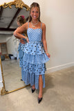 Evelia Polka Dot Tiered Midi Slit Dress Blue