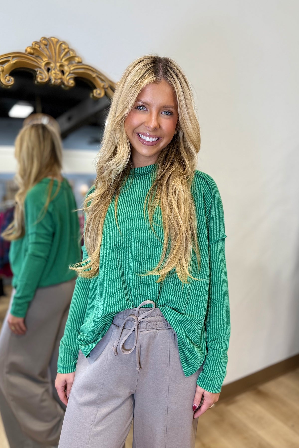 Relaxed Ribbed Long Sleeve Top Green