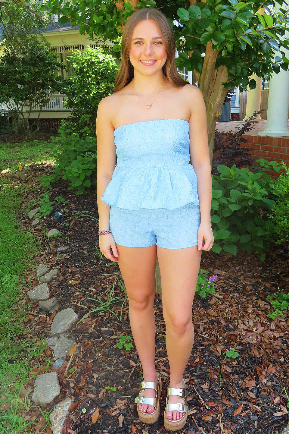 Sweet Escape Strapless Romper Blue