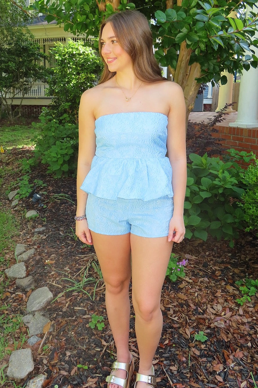 Sweet Escape Strapless Romper Blue