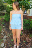 Sweet Escape Strapless Romper Blue