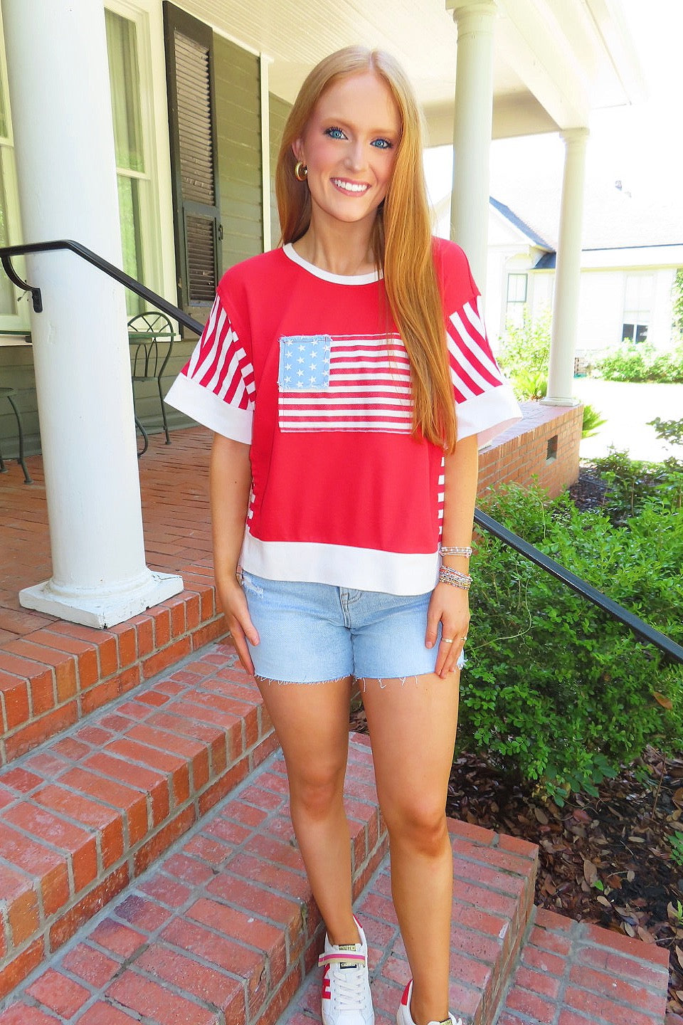 Vintage Flag Striped Top Red