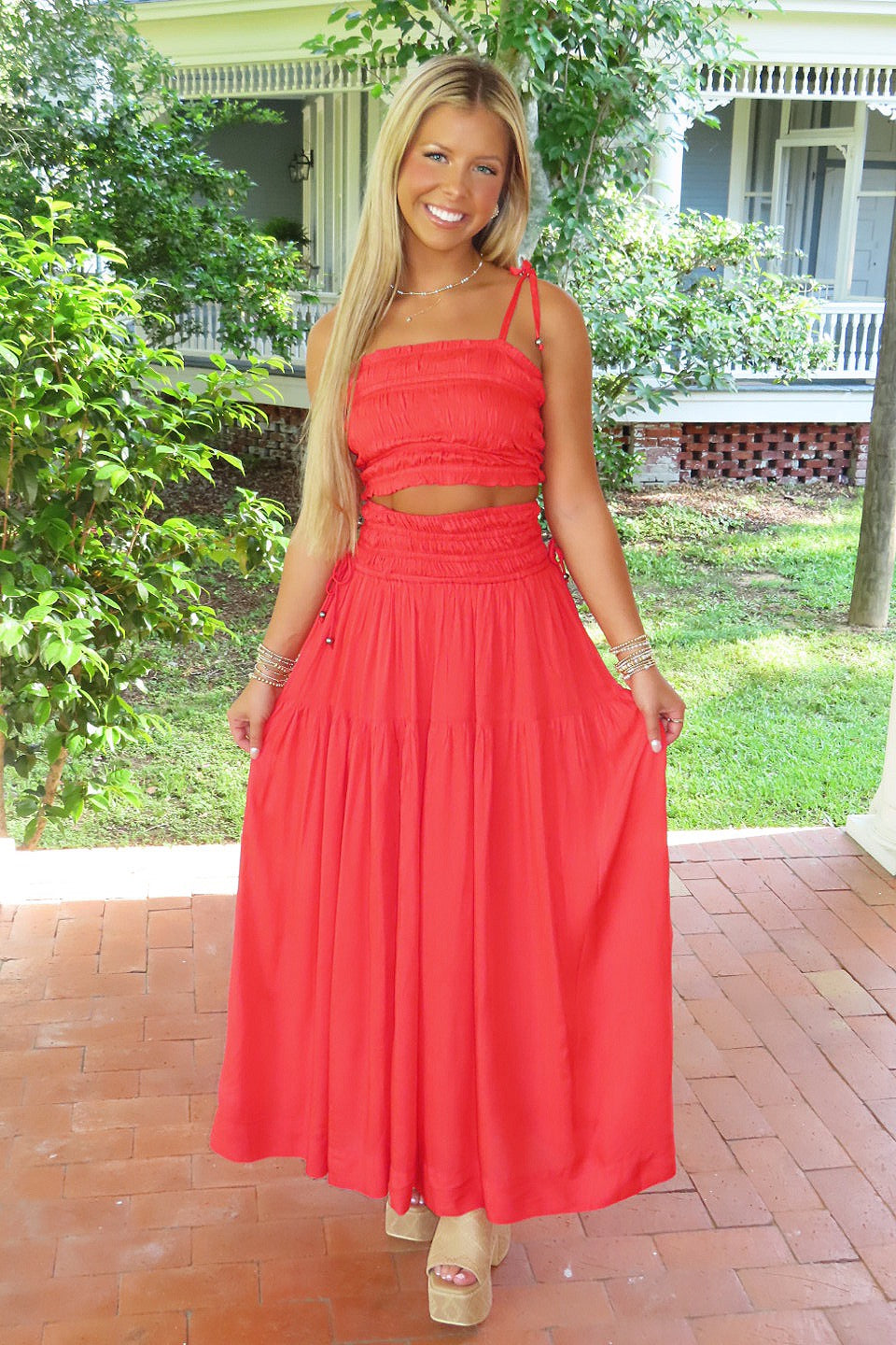 Elan Island Flame Smocked Skirt Set Red