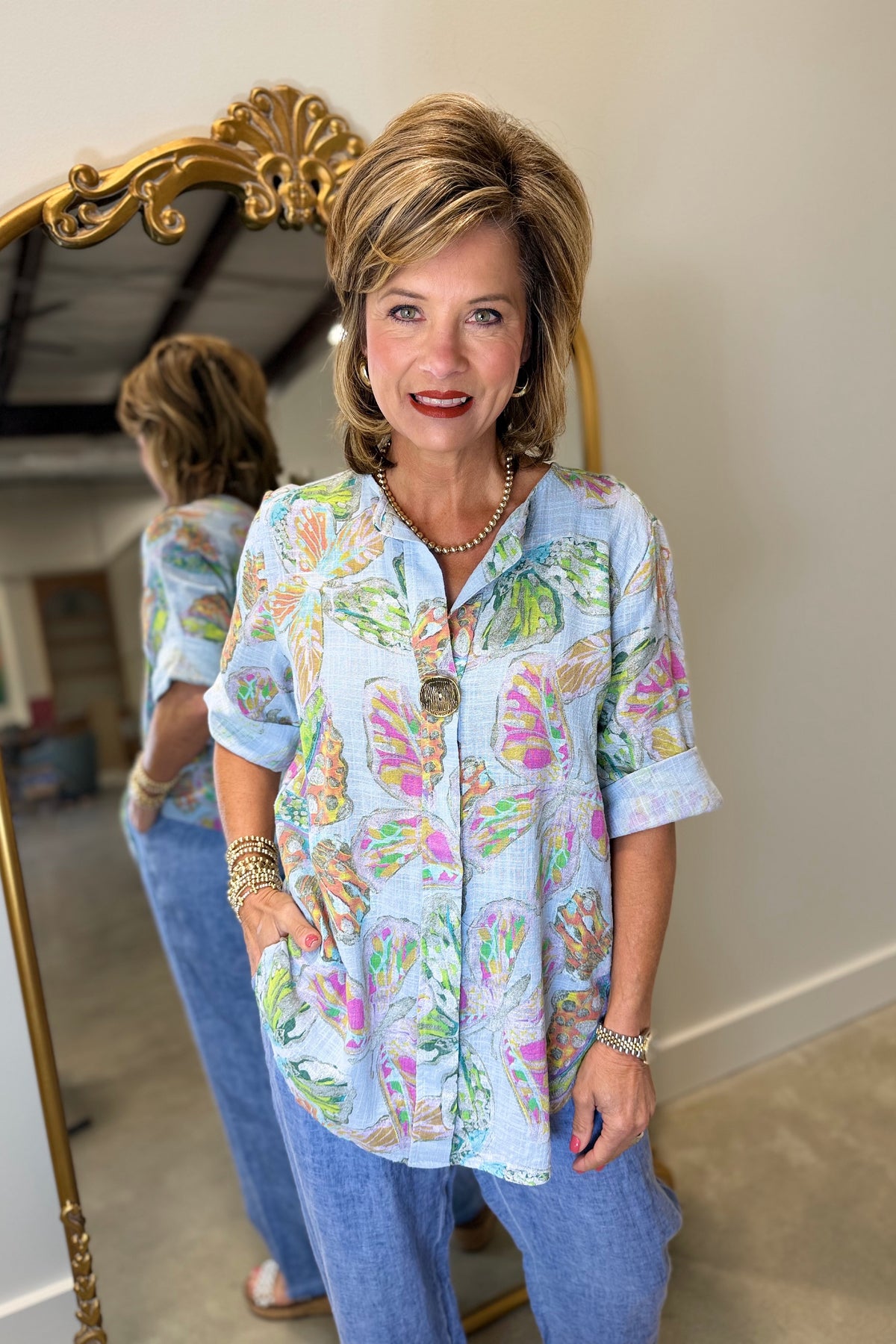 Tempo Paris One Button Blouse Turquoise Print