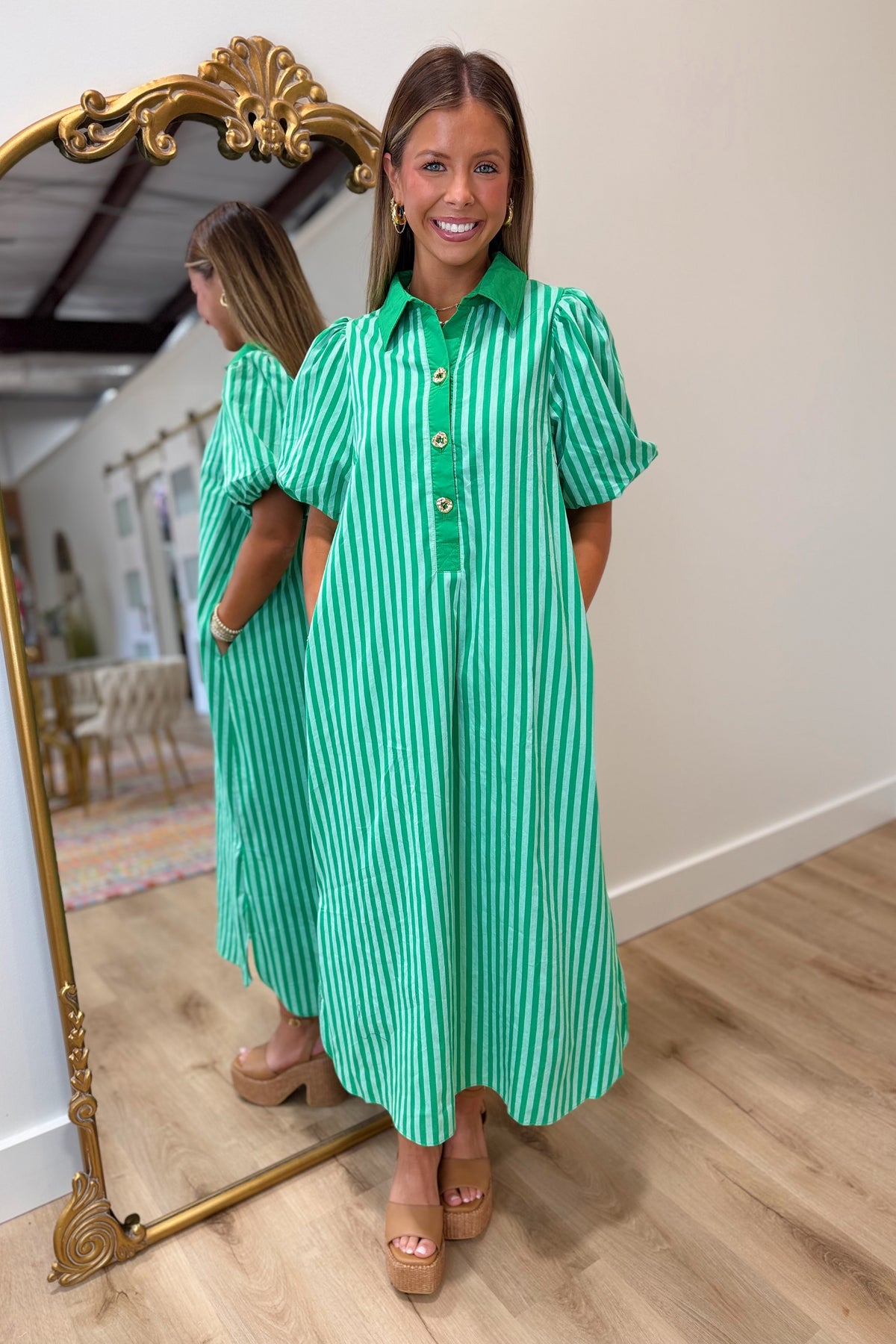 Gold Button Mono Stripes Dress Green