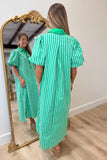 Gold Button Mono Stripes Dress Green