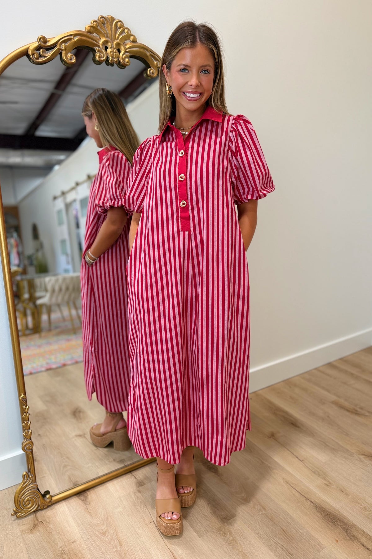 Gold Button Mono Stripes Dress Red