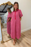 Gold Button Mono Stripes Dress Red