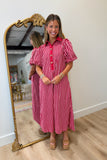 Gold Button Mono Stripes Dress Red