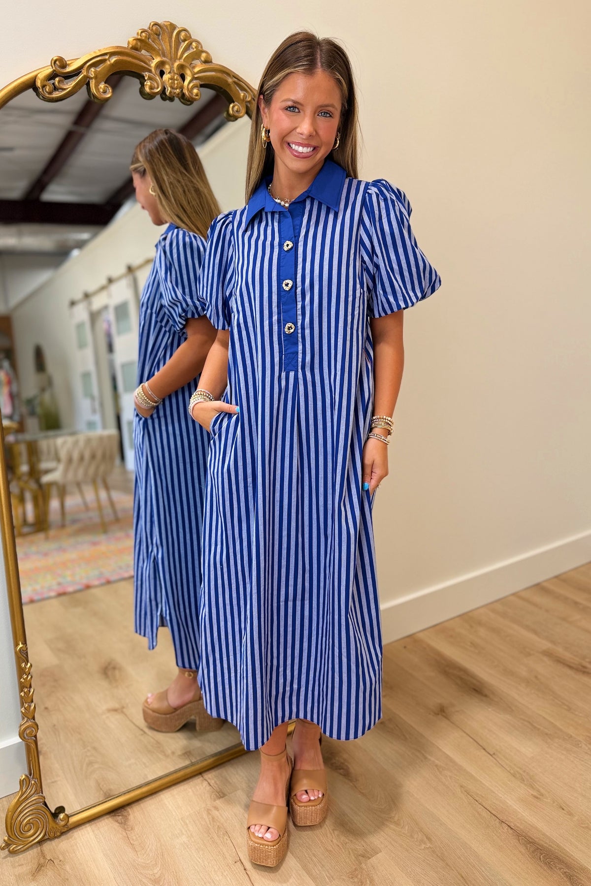Gold Button Mono Stripes Dress Blue