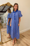 Gold Button Mono Stripes Dress Blue