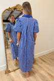 Gold Button Mono Stripes Dress Blue