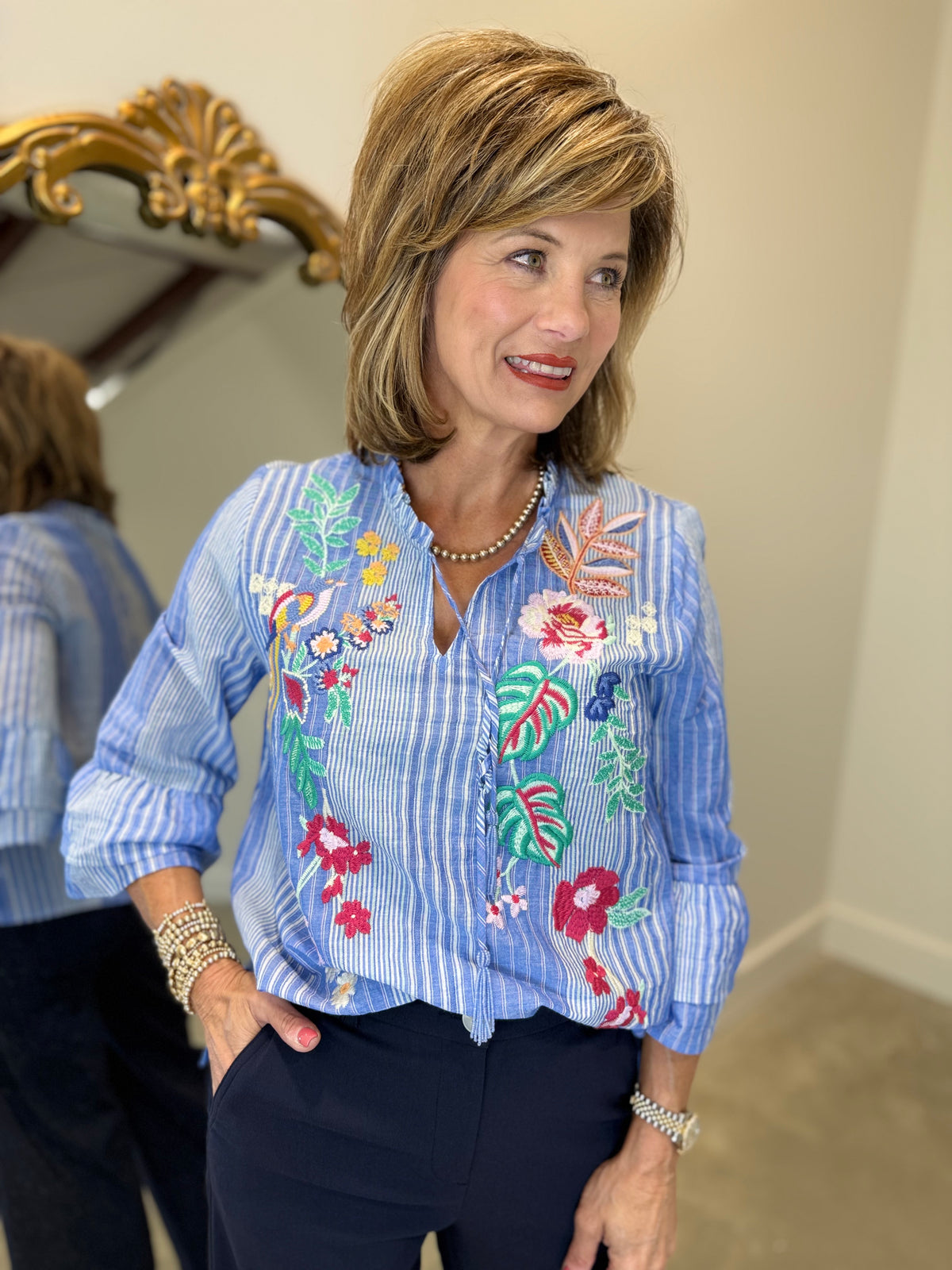 Renuar Embroidered Striped Blouse Blue