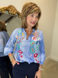 Renuar Embroidered Striped Blouse Blue