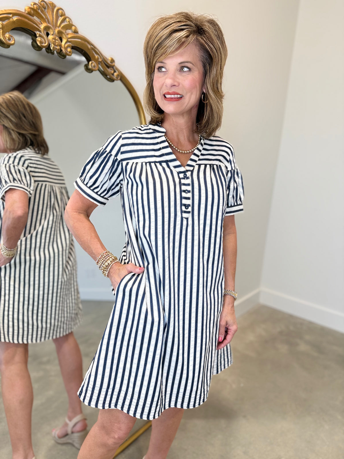 Renuar Bold Stripe Dress Indigo