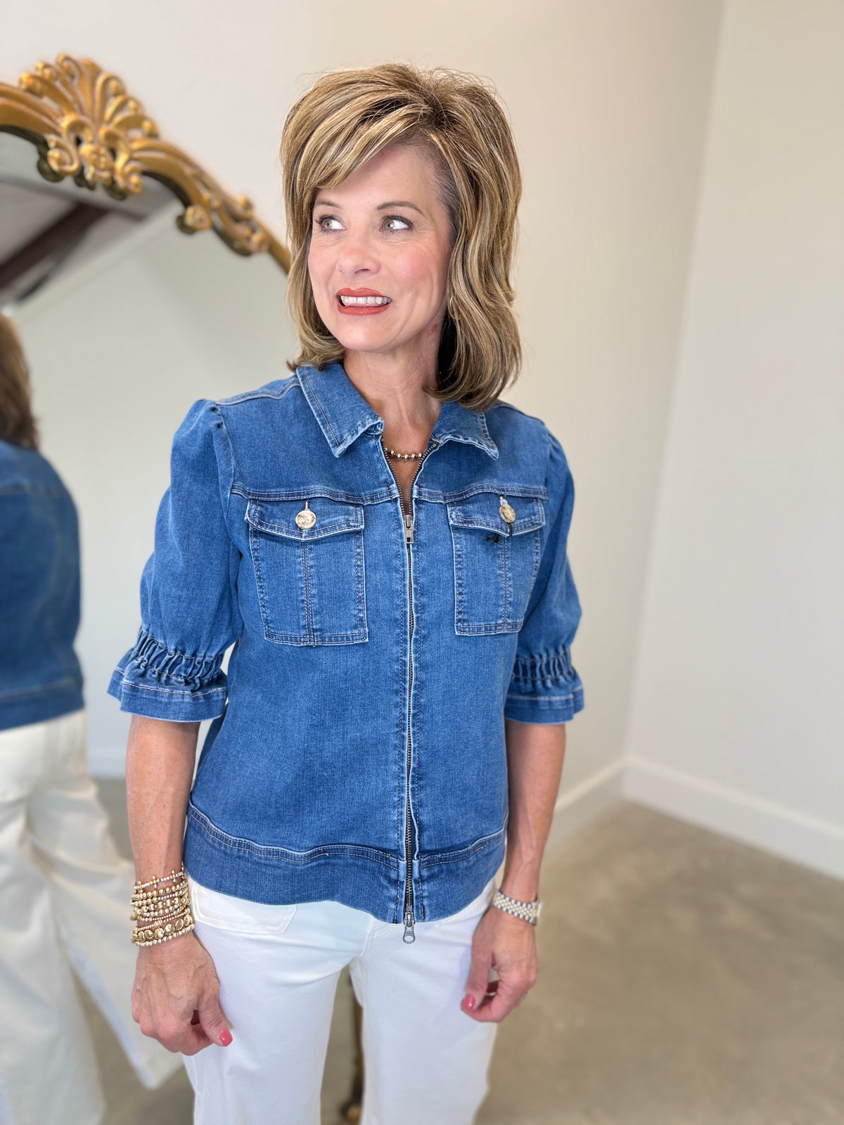 Zip Front Jacket W/Flounce  Sleeve Indigo