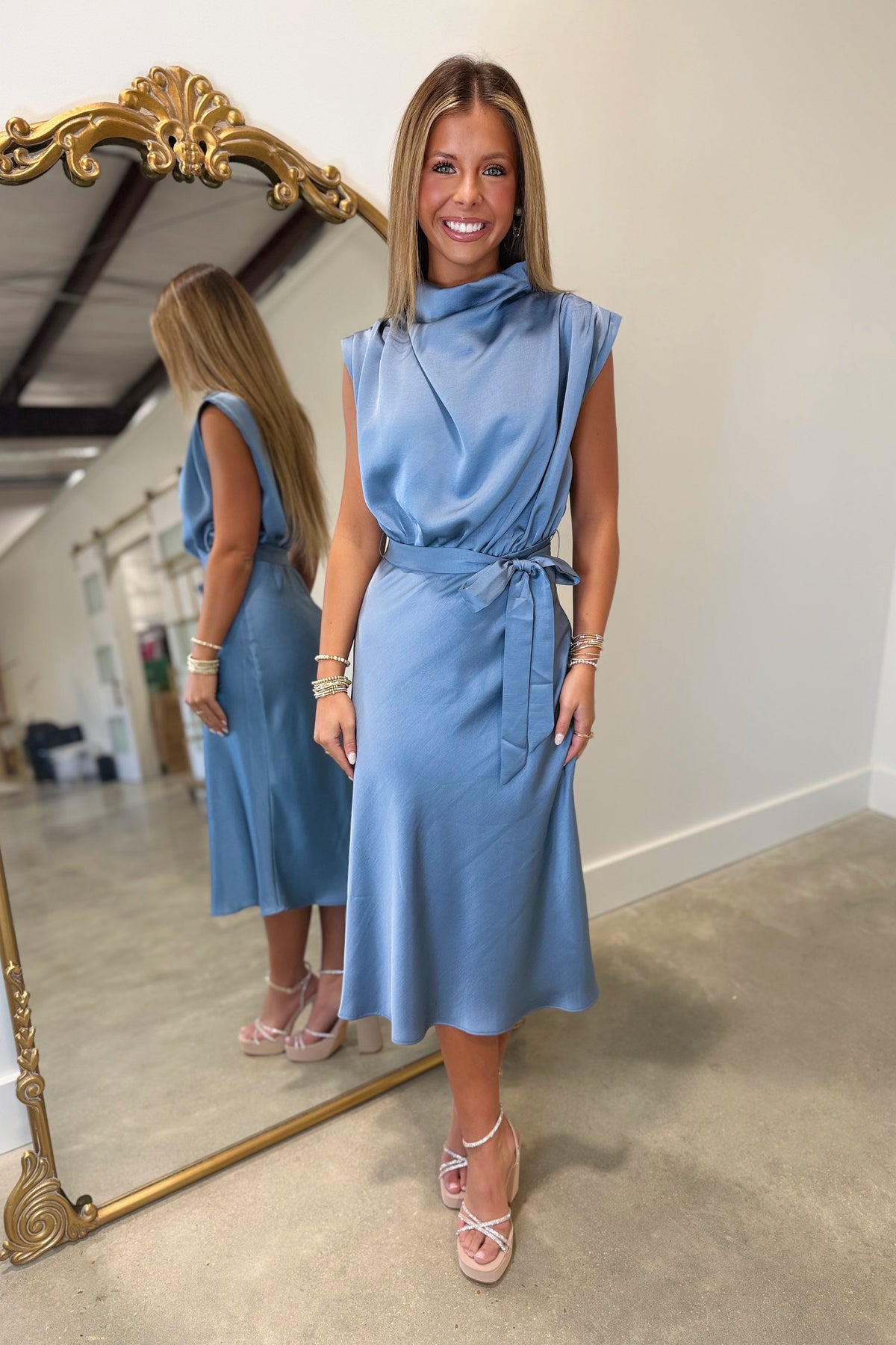 Poised Presence Satin Cowl Neck Midi Dress Blue