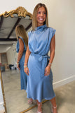 Poised Presence Satin Cowl Neck Midi Dress Blue