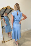 Poised Presence Satin Cowl Neck Midi Dress Blue